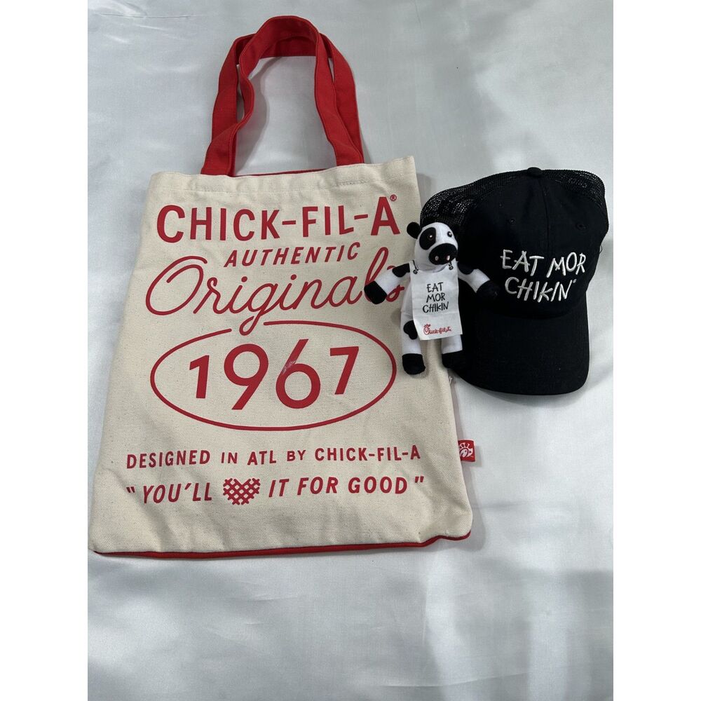 Official Chick-fil-A Merchandise Bundle Tote Bag Hat & Eat Mor Chikin Cow